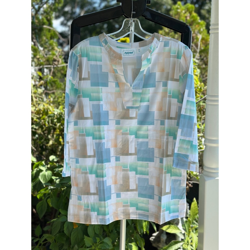 National Women 3/4 Sleeve Geometric Block Print Split Neck Knit Top Blue Green M